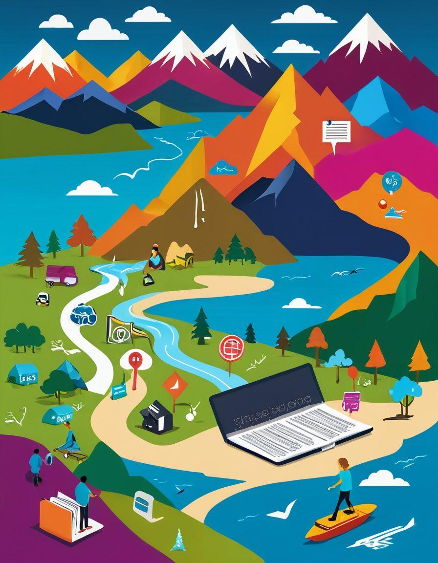 A stylized map featuring various blogging icons like a personal diary, niche topics like technology and fashion, and a path leading through mountains symbolizing expertise. Illustrate a diverse group of individuals navigating this landscape, each representing different blogging niches. Use bright and inviting colors to create an engaging atmosphere. vector art. vibrant colors.