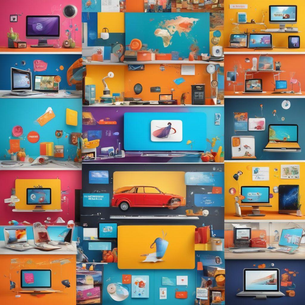 A dynamic collage of digital devices displaying various engaging narratives, like an animated storyboard coming to life with colorful characters and scenes. Include elements of text, infographics, and vibrant imagery to represent storytelling in different formats. The background should be lively with splashes of color symbolizing creativity and engagement. super-realistic. vibrant colors. 3D.