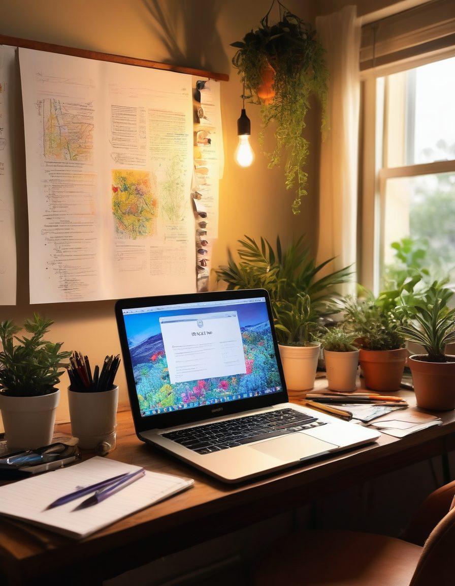 An open laptop surrounded by colorful art supplies like paints and markers, with pages of a journal scattered around, showcasing vivid sketches and inspirational quotes. In the background, there are soft light bulbs hanging from above, casting a warm glow. A creative workspace filled with lush plants and a coffee cup adds to the inviting atmosphere. The overall ambiance should evoke a sense of imagination and creativity. super-realistic. vibrant colors. warm lighting.
